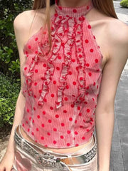 Lunivop Sexy Cropped Slim Dot Tanks Women Vintage Sweet Halter Tanks Summer Streetwear Female Retro Sleeveless Korean Casual Tops