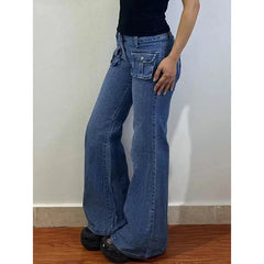 Lunivop Y2K Flare Low Rise Jeans Pants For Woman Cargo Baggy Trousers Aesthetic Streetwear Pockets Hippie Denim Bell Bottom CasualOutfit
