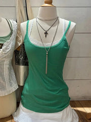 Lunivop Women's Green Slim Camisole Streetwear Casual Simple Lace Trim Cotton Ribbed Sleeveless Vest Vintage Chic Preppy Style Tank Tops