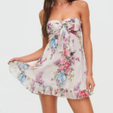 Lunivop Floral Print Strapless Mini Chiffon Dress Women Ruffles Hem Party Irregular Frilled Elastic Bandage Backless Holiday Dress