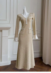 Lunivop 2025 Spring Summer New Pockets Lace Trim Detail Classic Women Dress Tweed Fabric Long Sleeve Bodycon Dresses Female