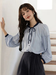 Lunivop Sweet Retro Blue Blouse Women Elegant Long Sleeve Japan Shirt Fall Loose Preppy Style Ruffles Lace Up Vintage Lady Tops New