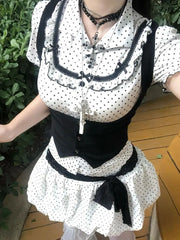 Lunivop Kawaii Sweet Suit Hot Girls Polka Dot Top Black Belt Casual Bud Mini Skirt Sweet Cool Set Woman