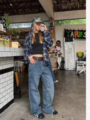Lunivop Vintage Plaid Shirts Women Harajuku Long Sleeve American Style Drawstring Hooded Blouses Loose Casual Streetwear Spring