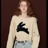 Lunivop Sweet Bandage Off Shoulder Sueter Mujer Loose Knitted Short Y2k High Waist Cartoon Rabbit Print Women Crop Tops Sweaters