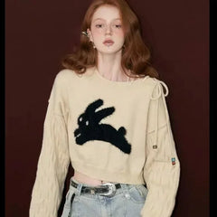 Lunivop Sweet Bandage Off Shoulder Sueter Mujer Loose Knitted Short Y2k High Waist Cartoon Rabbit Print Women Crop Tops Sweaters