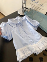 Lunivop Casual Sweet Blue Shirt Women Cute Lace Patchwork Bow Blouse Vintage French Preppy Style Short Sleeve Elegant Kawaii Tops