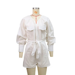 Lunivop Summer Long Sleeve Lace Up Casual Women Playsuit Fashion High Street Pocket White Cotton Linen Loose Shorts Romper
