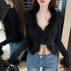 Lunivop Fashion Street V-neck Lace Up Cardigan Coat Women New Slim Fit Tops Mujer Y2k Grunge Long Sleeve Black All-match Sweaters