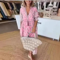 Lunivop Spring Bohemian Women Dresses Long Floral V-neck Short Sleeve Loose A-line Dresses Female New Elegant Trendy Ladies Clothe