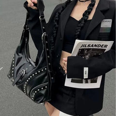 Lunivop Hot Girls Black Shoulder Bags Y2k Women Vintage Rivet Large Capacity Shoulder Crossbody Bag Ladies Retro Casual Handbag