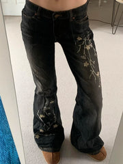 Lunivop Weekeep Floral Embroidery Jeans Vintage 2000s Low Rise Flared Jeans Women Retro Y2k Baggy Denim Pants High Street Basic Trousers