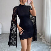 Lunivop New Fashion Wuramerican Temperament Small Stand Collar Split Long Sleeve Dress Sexy Bodycon Short Dresses Y2k Lace Clothes
