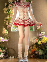 Lunivop Vintage Fresh Prairie Chic 2 Piece Set Women Slim Floral Doll Collar Puff Sleeve Top + High Waist Plaid Skirt Sweet Party Outfit