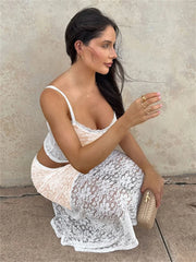 Lunivop Summer Lace Printed 2 Piece-Set Long Skirt Female See-Through Patchwork Spaghetti Cropped Top And Maxi Skirt Sets Women's
