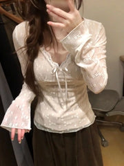 Lunivop Autumn Lace Jacquard Fairy Grunge T-shirt Women Y2k Aesthetic Flare Sleeve Tshirts Harajuku Vintage Sexy Slim Fit Bow Tops
