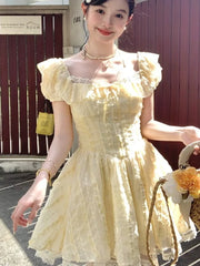 Lunivop New Super Fairy Slim Fresh Sweet Cute Dresses Sleeve Chic Yellow A-line Mini Dress Women Spring Summer Fashion Vestido