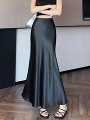 Lunivop Chic Satin Elegant Long Skirt Women Casual Fashion High Waist Sweet Trumpet Skirts Slim Summer Female Korean Long Skirts