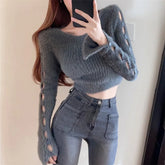 Lunivop Fuzzy Fitted Knit Top for Women Cut-out Buttoned Sleeve Bodycon Crop Sweater Pullovers Teen-girl Autumn Winter Y2K Outfit