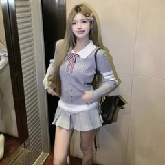 Lunivop Preppy Style Grey Sweaters Women Sweet Kawaii Bow Knitted Pullover Elegant Cutecore Autumn Winter Long Sleeve Sweaters