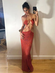 Lunivop Hollow Out Knit Halter Backless Maxi Dress Crochet Beach Vacation Dresses For Women Summer Women's Outfits