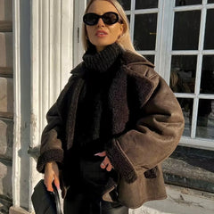 Lunivop Women Fashion Thicken Jacket Coat Lapel Single-breasted Warm Coat Casual Double-sided Suede Coat Women's Clothing