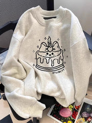 Lunivop Cute Cake Print Sweatshirt Women Long Sleeve Loose Japan Kawaii Pullovers Fall Preppy Style O Neck Vintage Casual Sweet New Tops