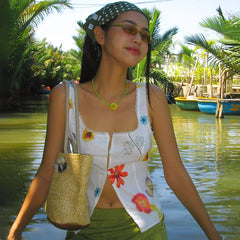 Lunivop Square Collar Print Sleeveless Lace Button Pear Slit High Waist Tank Crop Top Vacation Trip Casual Clothing