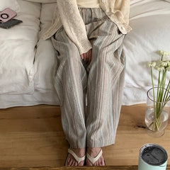 Lunivop 100% Cotton Casual Homewear Striped Trousers Women New Korean Summer Drawstring Elastic Waist Loose Pant Sleeping Pants