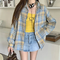 Lunivop Women Tartan Shirt Long Sleeve Collared Button Up Oversized Plaid Shirt Flannel Jacket Grunge Teenage Girl Spring Summer Outfit
