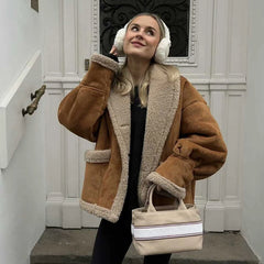 Lunivop Autumn and Winter Warm Cotton Jacket Coat 2024 Loose Brown Faux Fur Suede Jacket Casual Oversize Coats Jacket Women