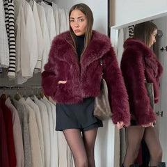 Lunivop Luxury Brown Women's Fluffy Faux Fur Warm Short Coat Chic Lapel Collar Long Sleeve Furry Jacket Winter Lady Streetwear
