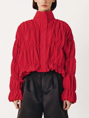 Lunivop Solid Commuting Pleated Jackets For Women Long Sleeves Stand Collar Loose Streetwear Cropped Coat Female Jacket Coat