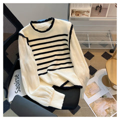 Lunivop Fake Two Piece Sweater Women Contrast Striped Puffed Sleeve Knitted Pullover Jumper Blouse Korean Fashion Top Fall Winter Outfit