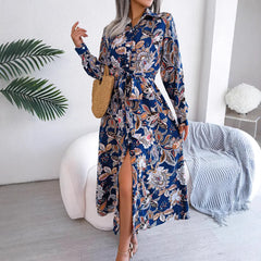 Lunivop Spring and Summer New Women's Clothing Large Split-ended Dress, Retro Style Printed Flower Lapel Tie-up Shirt Long Dress