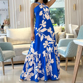 Lunivop Fashion Ladies Cross Halter Backless Beach Dress Summer Print Sleeveless Women Casual High Waist A-Line Sundress