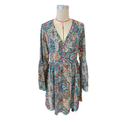 Lunivop Autumn Winter New Elegant Women Clothing Fashion Flower Printed V-Neck Flare Sleeve Party A-Line Short Dresses