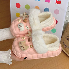 Lunivop Winter Slippers for Women Cartoon Cat Outdoor Waterproof House Shoes Ladies Plush Casual Shoes Indoor Fluffy Cotton Shoes