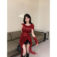 Lunivop Y2k Ruffles Patchwork Hoodie Vest T-shirt for Women Vintage Red Bottoming Tops Mujer Sexy Irregular Slim Fit Tank Top