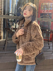 Lunivop Faux Lamb Vintage Coat Women Long Sleeve Winter Warm Sweet Jacket Korean Casual Female Pockets Solid Slim Retro Outwear Top