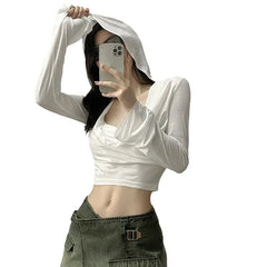 Lunivop Europe and the United States wind summer new women's fashion sexy pleated hooded Slim waist navel sunscreen clothing