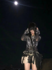 Lunivop Street Punk Gothic Dark Academia Clothes Slash Neck Mesh Long Sleeve Tops Mujer 2025 Summer New Print T-shirt for Women