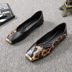 Lunivop New Shallow Soft Sole Leather Sandals Shoes Women's Flats Square Metal Head Personality Leopard Print Mary Jane Ballet Zapato