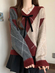 Lunivop Sweet Bow Argyle Sweaters Women Retro Preppy Style Loose Knitted Pullover Lace Patchwork Long Sleeve Female Vintage Jumpers Fall
