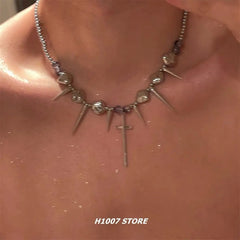 Lunivop Retro Y2K Long Spike Rivet Necklace Stainless Steel Cross Hip Hop Necklace for Women Vintage Grunge Style Party Jewelry