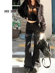 Lunivop Street Vintage Black Bell Bottom Jeans for Women 2025 Spring New Denim Pants Y2k High Waist Multiple Pockets Trousers