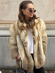 Lunivop Vintage Turn-down Collar Faux Fur Women Casual Thickened Long Sleeved Coats Female Autumn Winter Chic Soft Outwears With Pockets