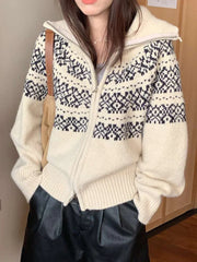 Lunivop Print Retro Zipper Cardigan Women Loose Turtleneck Long Sleeve Korean Knitted Sweaters Vintage Female Casual Sweet Tops New