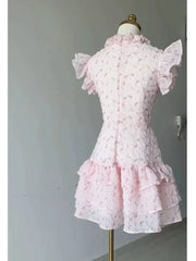 Lunivop Sweet Floral Flying Sleeve Chiffon Dress for Women Summer Slim Waist Cake Dresses New O-neck Bow Lace Up Vestidos De Mujer