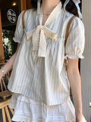 Lunivop Bow Lace Striped Shirt Women Sweet Puffy Sleeve Cute Blouse Preppy Style Loose Summer Casual Female Korean Patchwork Tops